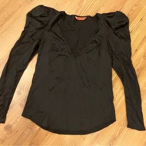 Manning Cartell Puff Sleeve Blouse Black Stretch Satin Size US 2 V-Neck Top AU 6